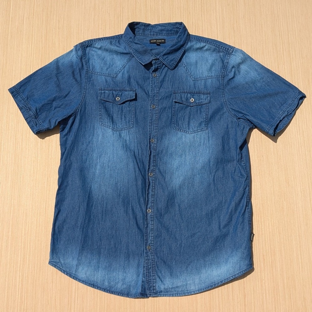 Silver Jeans Co. Triple 5 Distressed Short Sleeve Button Up Denim Shirt Mens XXL